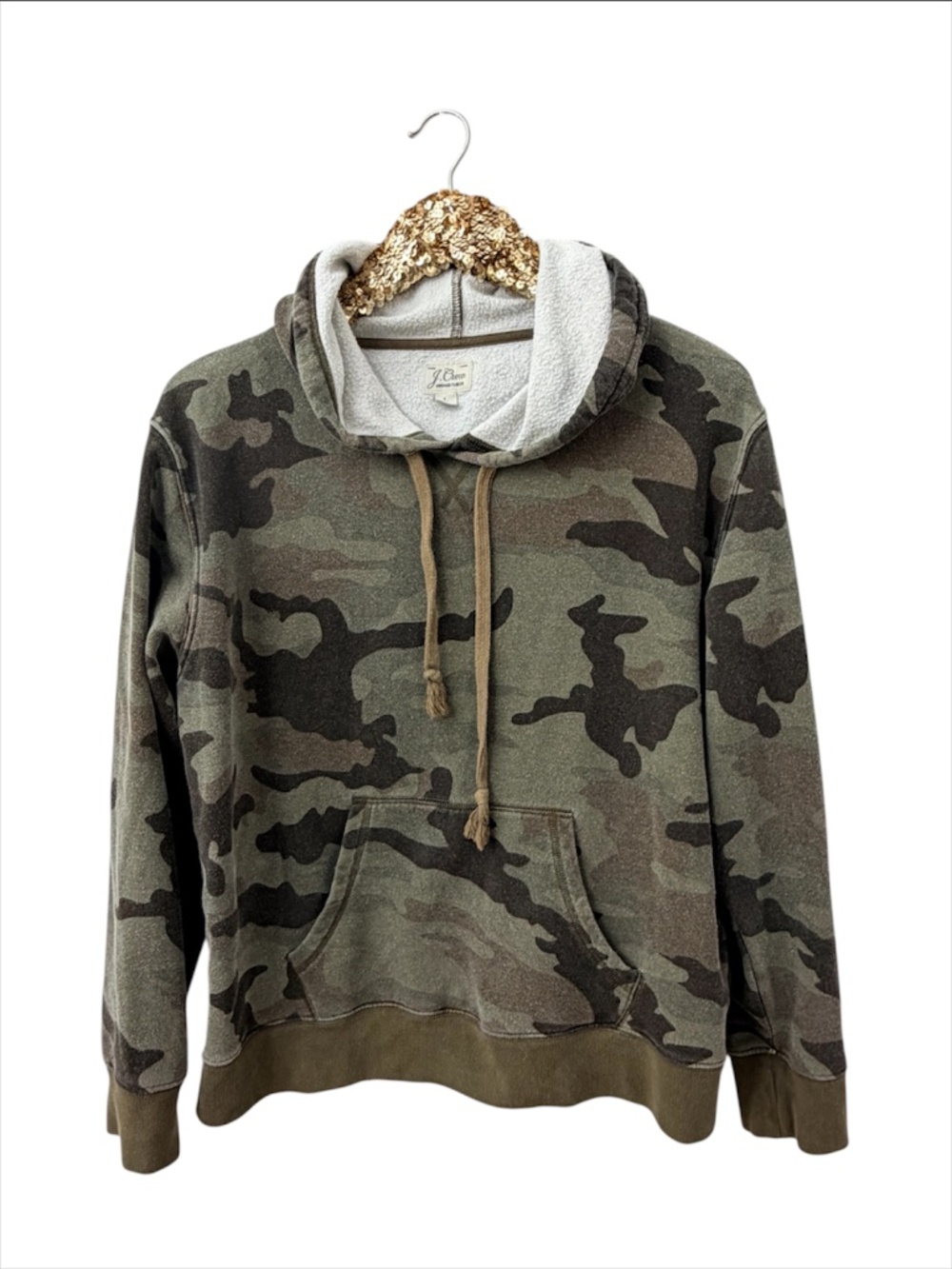 J CREW Womens Hoodie Pullover Camo Vintage Fleece LARGE